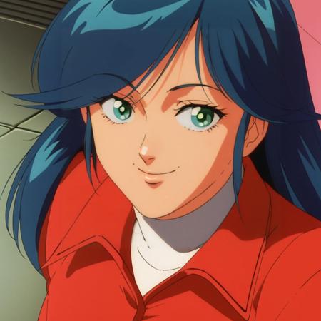 AkiKisaragi,1girl,blue hair,long hair,green eyes,retro artstyle,1980s (style), turtleneck,red jacket,red dress,long sleeves, white pantyhose, boots, pink turtleneck, sweater,belt,pink pants,