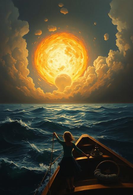 (((Oil painting masterpiece in Ayvazovsky style))) 
oil painting masterpiece, ((girl)) , ocean, boat, darkness, fireball in the sky, super wind blows, (a huge all-consuming atomic explosion in the background from the horizon and extending beyond the edge of the picture into space:0.9)