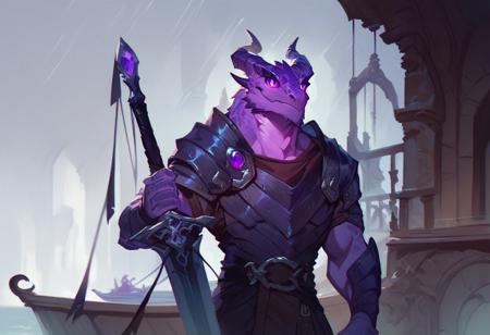 score_9_up, score_8_up, score_7_up,score_6_up, rating_safe, style_furry, 1man, solo, purple Dragonborn, amethyst scales, dark purple horns, glowing purple eyes, colored sclera, gigantic black sword, standing on a deck of a boat, storm in background