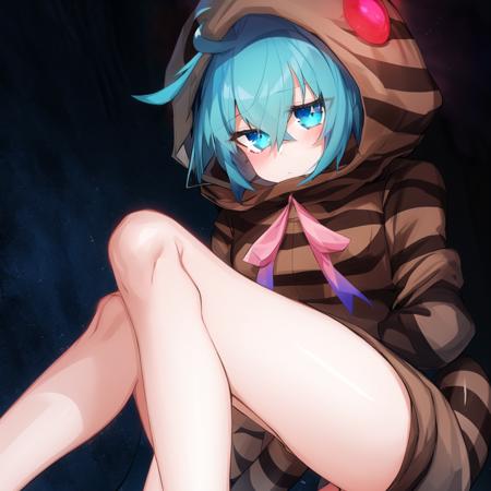 tsunsnek, 1girl, solo, hood, hoodie, snake tail, aqua hair, long sleeves, striped hoodie, striped tail, short hair, pink neck ribbon, bangs, hair between eyes, hood up, geta, blue hair, aqua eyes, bare legs, blue eyes, crossed bangs, ahoge, detailed shading, detailed ambient light