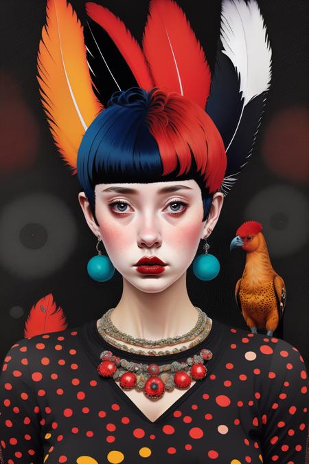 a woman with a black and red hair and a feathered top , 1girl, solo, short hair, black hair, brown eyes, jewelry, upper body, red hair, multicolored hair, earrings, blurry, lips, feathers , Harmonious_Dreamer