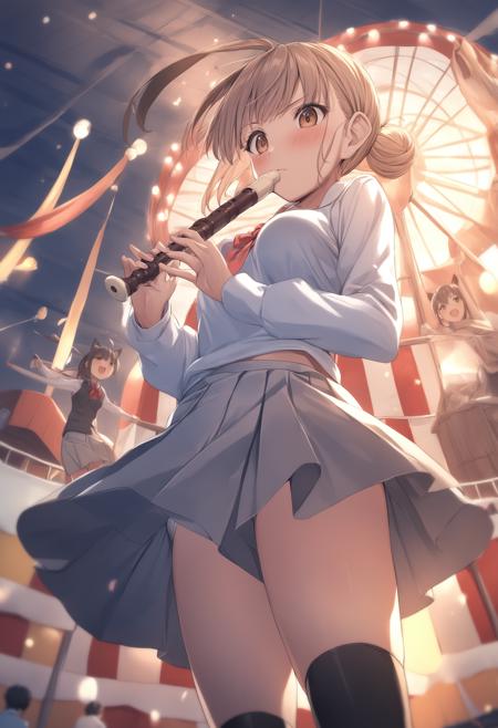 1girl, <lora:sdxl-flat:-1>,medium breasts,school uniform,
<lora:recorderXLv1:1>,recorder,
from below, cinematic angle, looking to the side, doyagao, circus, closed mouth,
best quality,medium quality,