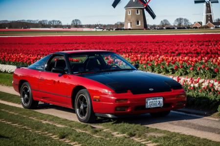 NSSN240SX , black roof, parked near a tulip field, left side view, beautiful spring weather, sunrise, ultra wide angle, amsterdam, colorful tulips, windmill in background, masterpiece, award winning, bokeh, natural lighting, sharp focus, smooth, intricate details, 8k wallpaper, trending on artstation    <lora:NSSN240SX:0.8>