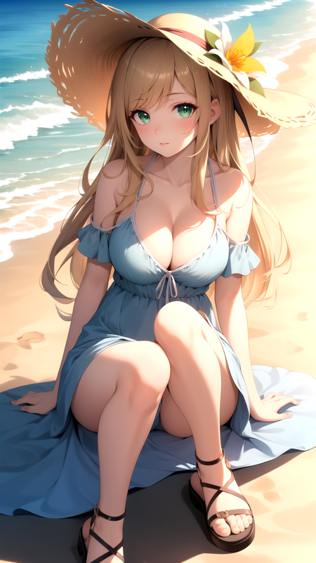 (best quality:1.1), (masterpiece:1.2), high quality shadow, beautiful detailed, beautiful face, detailed eyes, depth of field, highres, best shadow, best illumination, 1girl, looking at viewer, blonde hair, long hair, green eyes, shy, large breasts, sundress, floppy hat, sandals, beach,