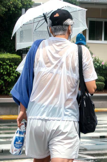 masterpiece, best quality, ultra-detailed, illustration,
(older man:1.5), (mascular male:1.8), (Fine macho:1.5), silver hair , short cut, sunglasses, cowboy hat,
SB, umbrella, bag, transparent umbrella, from behind, outdoors, shirt, socks, solo, transparent, black pants, shoes, rain, holding umbrella, white shirt, bird, facing away, standing, road, rain,
 <lora:sukebra_V2_ResizeDIM4:1>