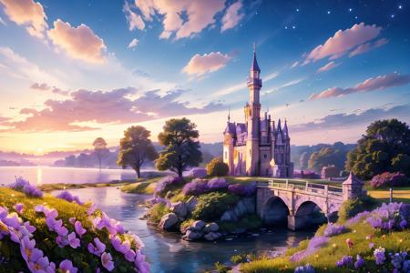 (Realistic:1.5) EdobFairyTaleLandscape, scenery, bridge, sunlight, 1girl, cloudy sky, tower, starry sky, flower, watermark, purple flower, <lora:EdobFairyTaleLandscape_v1.0:0.8>