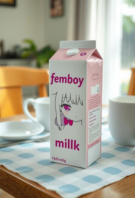 a milk box on a breakfast table. The milk is titled "femboy milk" with a anime girl character blinking his eye