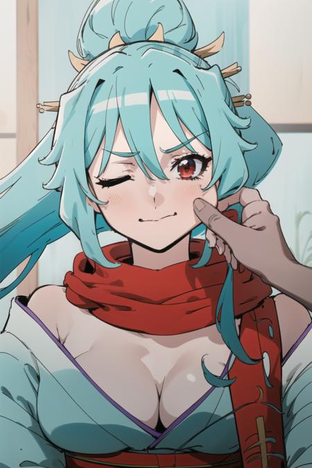 1girl, solo, aqua hair, very long hair, japanese clothes, kimono, scarf, cleavage, hair ornament, hair stick, kimono, sash, large breasts, red eyes, <lora:TomoeAdvanched:0.6>, cheekpinching,cheek pinching, holding,upper body,one eye closed,looking at viewer,pov, <lora:cheekpinching:1.2>