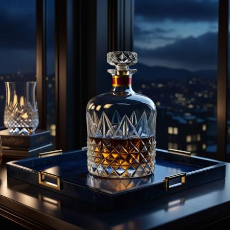 Ultra realistic full body color pencil drawn portrait of  
whisky .in a crystal carafe on a drinks tray in a luxurious penthouse apartment.
BREAK
Deep dark intense midnight blue  misty background,
Dark theme, dynamic lighting, (soft shadows), (soft focus),  (photo realistic), uhd, 8k
