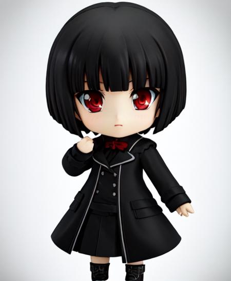 black hair, short hair, blunt bangs, red eyes,   <lora:nendoroid-v1-000022:0.7>