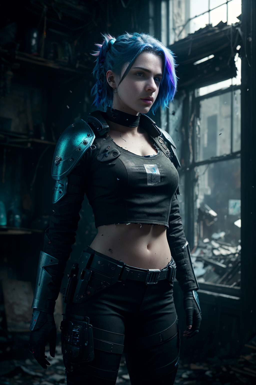 cell shading, digital art, dark and gloomy full body 8k unity render, female teen cyborg, Blue yonder hair, wearing broken...