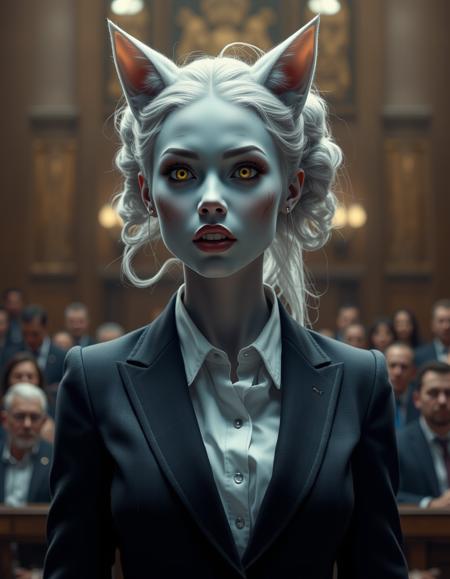 cinematic style, beauty, realism, photorealism, chiaroscuro, high quality, 1girl, pale dusky blue skin, facial markings like whiskers, white cat ears and a white cat tail, pronounced fangs, white hair in two large ringlets, a female miqote with a petite build, bright yellow eyes, cinematic photo a charismatic lawyer in a form-fitting suit, standing at the front of a crowded courtroom, passionately delivering her argument with fierce determination. 35mm photograph, film, bokeh, professional, 4k, highly detailed . 35mm photograph, film, bokeh, professional, 4k, highly detailed