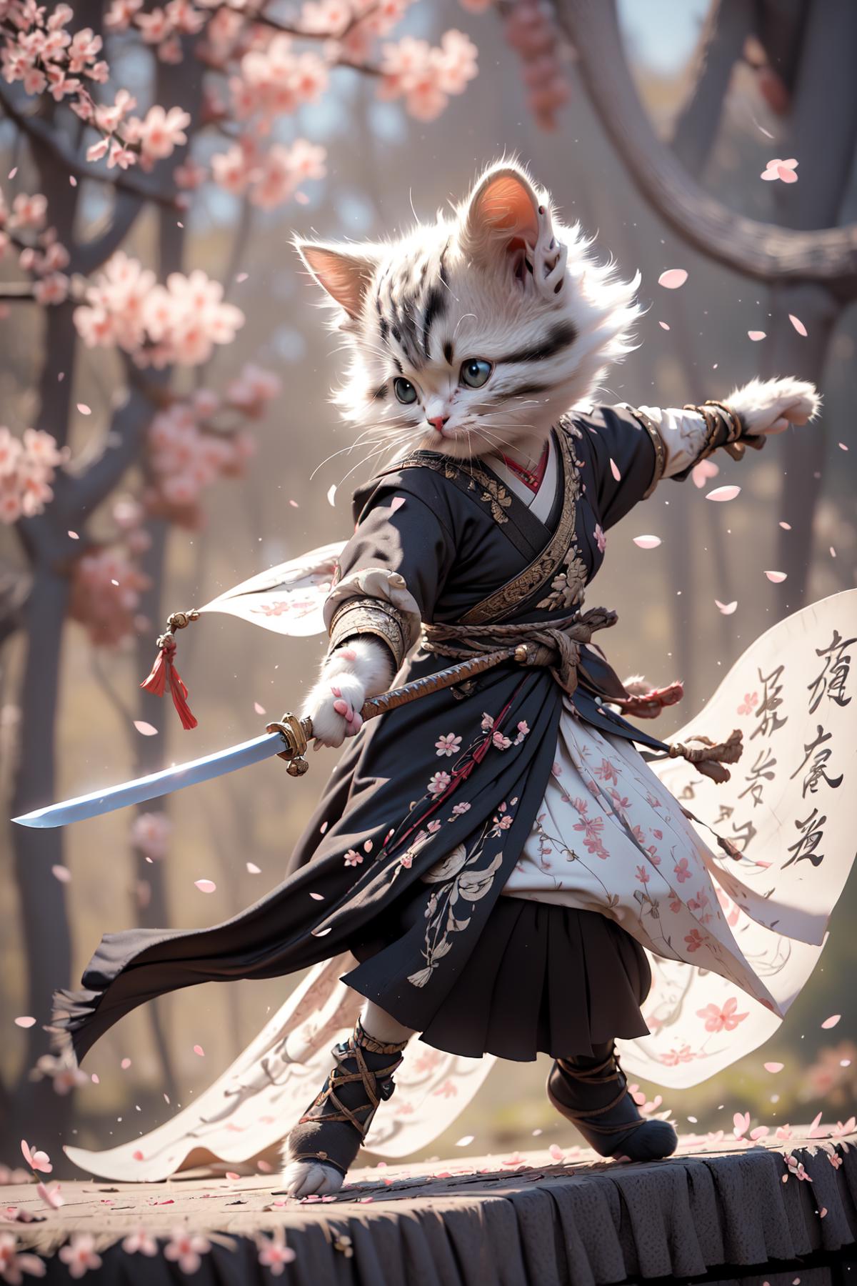 A cat dressed in a kimono and holding a sword.