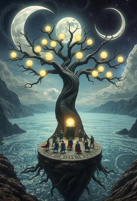 A surreal landscape where a giant, ancient tree with roots that spiral down into a bottomless abyss floats above a shimmering, crystalline lake. The tree’s branches extend into the sky, each one holding a glowing orb that pulses with a soft, ethereal light. Beneath the tree, a group of mystical creatures—half-human, half-animal—gather around a floating stone altar inscribed with runes that glow in sync with the orbs. The scene is illuminated by a sky filled with swirling galaxies and a massive crescent moon that casts a silver light over the entire landscape. The air is filled with floating luminescent particles that dance around, adding a magical touch to the dreamlike atmosphere. The overall composition is intricate, blending the natural and the fantastical in a mesmerizing, otherworldly setting.