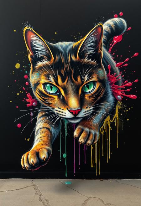 "Create a photorealistic image of a vibrant, dynamic splash of acrylic paint against a black wall. The paint forms the shape of a running cat, with bold, expressive brushstrokes and vivid colors. As the paint drips and runs down the wall, the cat's form becomes more defined, with intricate details and textures emerging. The cat's eyes are the focal point, rendered in stunning detail with sparkling, shining pupils and irises that seem to gleam with life. The eyes are a bright, piercing green, with delicate, swirling patterns that add depth and dimension. The surrounding paint splatters and drips are highly detailed, with visible texture and sheen, as if the paint is still wet and glistening. The overall effect is one of dynamic energy and movement, as if the cat is leaping off the wall." Highest-Quality, 4k, intricate details, visually stunning, Masterpiece