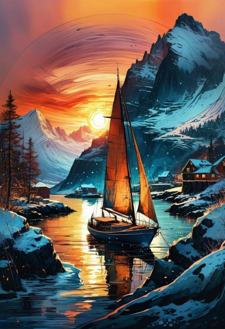 Beautiful sailboat on sparkling waters at a Skandinavien fjort, Sunset, Digital watercolor Illustration of a WinterScape sunset, by Waterhouse, Carne Griffiths, Minjae Lee, Ana Paula Hoppe, Stylized watercolor art, Intricate, Complex contrast, HDR, Sharp, soft Cinematic Volumetric lighting, flowery pastel colors, wide long shot, perfect masterpiecedetailed matte painting, deep color, fantastical, intricate detail, splash screen, complementary colors, fantasy concept art, 8k resolution trending on Artstation Unreal Engine 5, SoraSleepAI, Circle