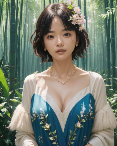 <lora:1girlmix:0.65>, fashion photography portrait of human avatar, 1girl, in blue lush bamboo forest with flowers and birds, sci-fi, fantasy, octane render, hdr, Dolby Vision, (intricate details, hyperdetailed:1.2), (natural skin texture, hyperrealism, soft light, sharp:1.2), fluffy short hair, night, star, mix4, <lora:cuteGirlMix4_v10:0.1>, necklace, Mystery, (cleavage:0.8), panda