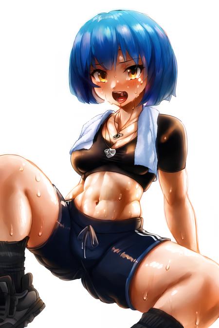 1girl, <lora:mana5:0.95>, short hair, blue hair, orange eyes, bike shorts, breasts, navel, necklace, open mouth, shorts, simple background, socks, solo, spread legs, sweat, towel, towel around neck, white background