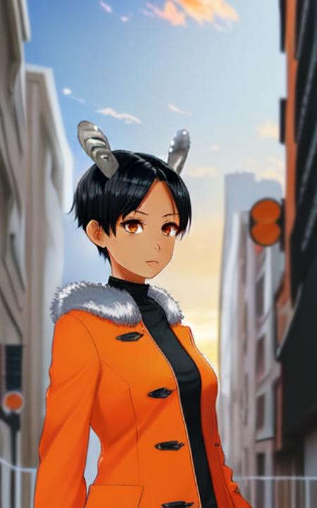 <lora:sajevtu:0.5>, anime, (((front medium body view))), (((dark tanned skin))), (((full body view portrait of a female))), (((tomboy))), ((short black hair)), (((silver horns))),  (((orange coat))), (((orange goat eyes))), 8k, Unreal Engine, octane render, by seunghee lee, Jang Tae-Hwan, Chocofing R, seungho lee, trending on pixiv, fanbox, skeb, masterpiece, smooth soft skin, big dreamy eyes, beautiful intricate colored hair, symmetrical, anime wide eyes, soft lighting, concept art, digital painting, (((city background)))