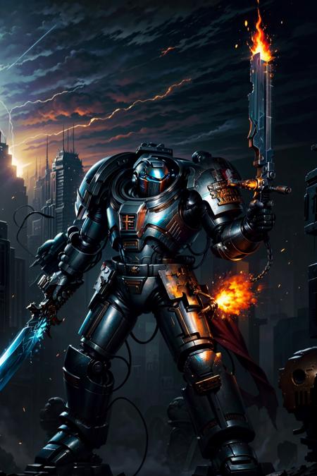 concept art of  dreadknight, full metal armor, wearing intricate ornamented metal armor,
solo, (dreaknight, exoskeleton armor:1.2), , epic, full metal armor, silver armor, bronze trimmings, tall stature, glowing eyes,
gattling gun, arm cannon, holding sword, 
desolate landscape, a ruined city looming in the distance. destroyed paradise, massive space station, meteor fall background, particles floating, cloudy ash sky, grim, dark lighting, light from fiery explosion, heavy shadows, hail of bullets, battle, army, firing, gun, charging
<lora:tool - add_detail:1> <lora:Grey Knights MK1 by CARAXES:0.8>