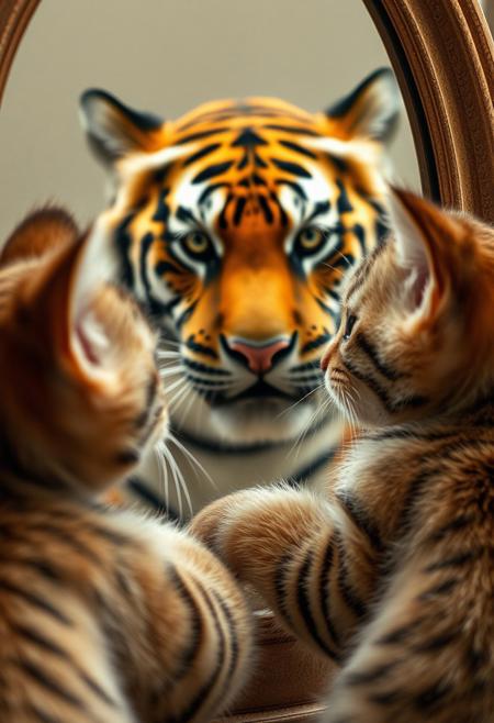 A cute kitten looking in the mirror and seeing an elegant tiger reflection, high resolution, highly detailed, photorealistic, cinematic