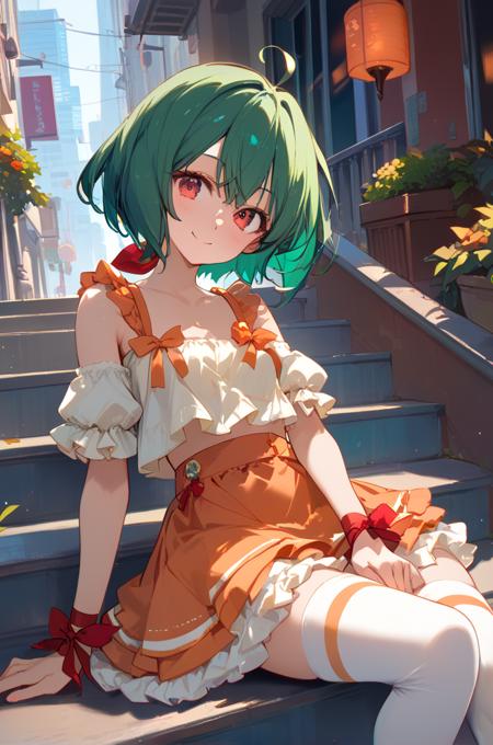 ranka lee, green hair, red eyes, short hair, ahoge, idol clothes, skirt, thighhighs, layered skirt, orange skirt, wrist ribbon,  white thighhighs, bare shoulders, (navel:0.2),