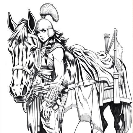 Comic book pencils. Angular lines, sharp angles. Flat color through hatching. Stylized. Female Mongol warrior standing beside her pony. She has a helmet with a tall horse hair plume under one arm. The pony has a blanket and bridle but no saddle. There is also a quiver and a bow hanging beside the saddle.
 <lora:Comic_Book_Pencils_FD1:1>