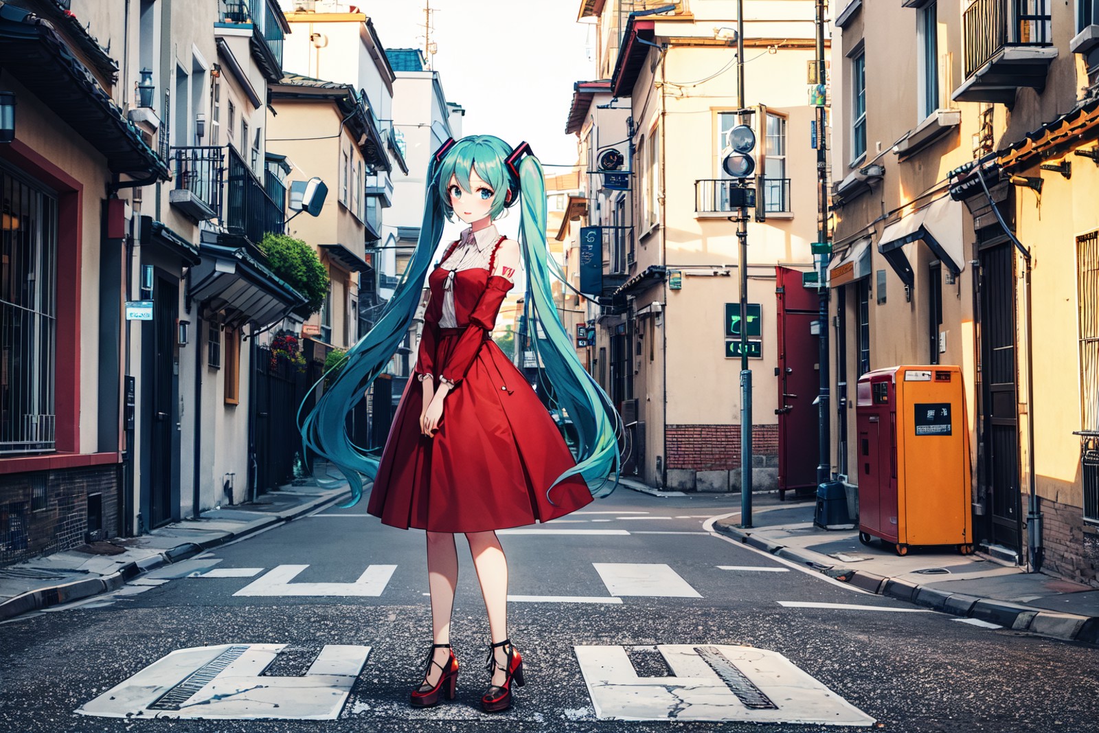 absurdres, highres, best quality, 1girl,  full body, standing, red dress, outdoors, city, street, facing viewer, hatsune m...