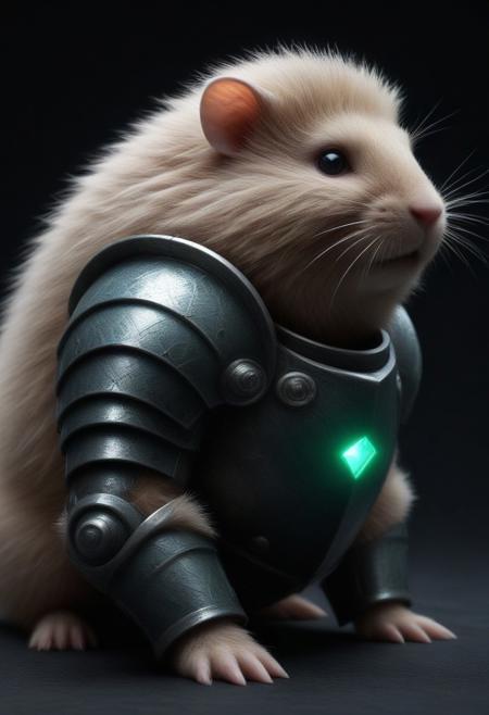 animal, armored hamster, intricate scales, Pamcocomat armor plating, glowing gemstone embedded in bracer, slit pupils, futuristic design, green energy accents, reinforced metallic structure, detailed textures, high-tech aesthetic, cinematic lighting, dynamic pose, fantasy cybernetic fusion