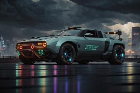 a 3/4 front view of ((futuristic cyberpunk hotrod zeekars)) (with glowing tires), neon glow , cyberpunk muscle car, <lora:zeekars:0.5>, lighting storm in the background, Black and ((dark blue)), in cyberpunk city, ((badass))