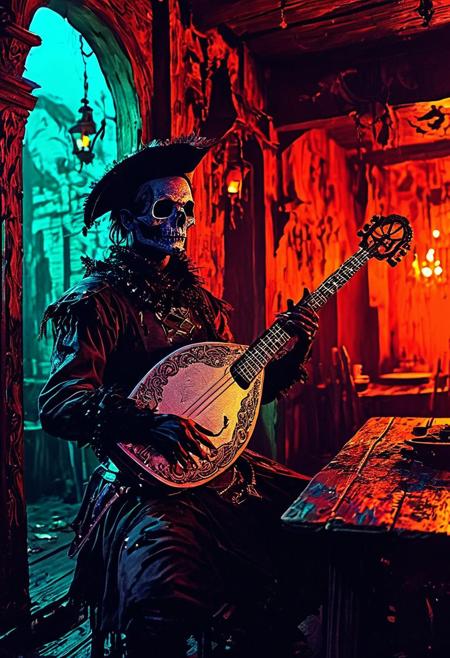 mysterious bard with a silver lute, playing haunting melodies in a haunted tavern
silhouette ,
in the style of the decaying empire of Wrstreich, dark magic and grotesque creatures abound, inspired by Sean Aaberg's punk aesthetic, dark fantasy world combines grim landscapes with vibrant, exaggerated neon colorful art, old 80's VHS dark fantasy, VHS screen grab, grainy, old footage