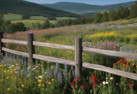 "A rustic wooden fence with a weathered finish, surrounded by colorful wildflowers, set against a backdrop of a serene countryside landscape."