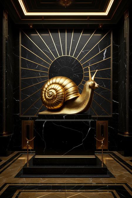 A majestic Art Deco interior featuring a monumental marble sculpture of a snail on a black marble pedestal. The snail is intricately detailed with sharp, clean golden lines forming a dense geometric grid on its body and bold concentric arcs on the shell. The background wall features a dramatic sunburst pattern in gold over dark blue marble, evoking the grandeur of a 1930s train station lobby. The atmosphere radiates opulent futurism, blending natural elegance with mechanical symbolism. Strong contrast between cold grayish marble and luminous gilded accents, perfect symmetry and theatrical lighting, The background is cool-toned gray marble, with radiant sunburst lines behind the figure. Every surface shimmers with polished metal and black stone, exuding futuristic optimism as envisioned in the opulent age of the Roaring 20s. The darkest blacks contrast with the most brilliant gold, surrounded by geometric architecture, mechanical motifs, and heroic grandeur. Elegant lighting enhances the drama. Inspired by heroic propaganda murals and luxurious train stations.