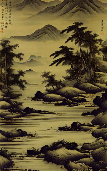 guchen,no humans,tree,scenery,outdoors,water,traditional media,mountain,nature,signature,plant,<lora:Chinese painting-000008:1>,