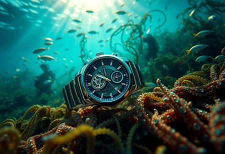 Camera captures a mesmerizing underwater scene: a sleek luxury Tourbillon wristwatch lies on the ocean floor, surrounded by undulating seaweed and schools of iridescent fish. Sunlight filters down, casting an otherworldly glow on the watch's intricate mechanisms and elegant design. Shallow depth of field isolates the timepiece, while high-contrast colors - deep blues and greens - accentuate the sense of depth and realism.