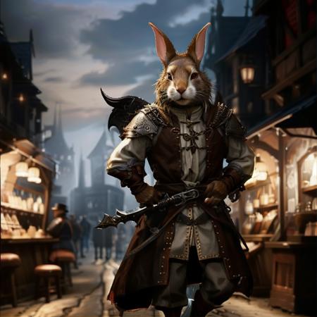 highly detailed document photo of a (harengon:1.1) walking in outdoors on a ((medieval market)),

rabbit ears, white fur, solo, looking at viewer, standing, weapon, armor, blurry, polearm, shoulder armor, gauntlets, whiskers,

facing viewer, looking at viewer,

realistic:1.3, depth of field, blurry, blurry background,



photorealistic,
ultra photoreal,
32k, fantasy, 
natural light,






