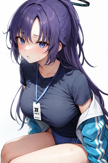 yuuka ba, purple hair, open jacket, black shirt, track jacket, halo, off shoulder, id card, jacket, long hair, sitting, sweat, white background, 1girl, ponytail, blue jacket, buruma, lanyard, parted lips, blush, large breasts, open clothes, long sleeves, looking at viewer, blue buruma, shirt, gym uniform, solo, thighs, purple eyes
 <lora:yuuka:1>