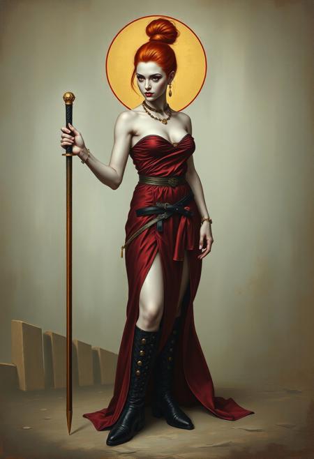A 1300s icon style oil painting of a Female vampire 1500s fashion,athletic and muscular , pale light grey skin m beautiful , busty , wearing a burgundy silk dress , split down the side to reveal long legs with knee high buttoned boots  . Red eyes , leather belts with a rapier abd gold jewelry   Red haired in a tied back top knot