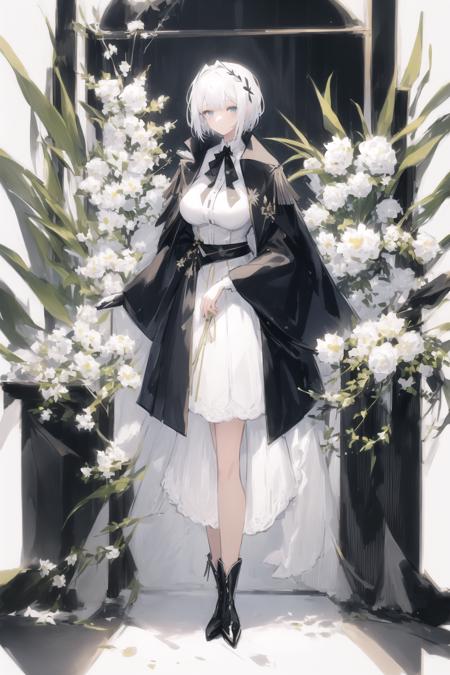 <lora:Addams-000002:0.7>, originVV, 1girl, white hair, short hair, hair decor, standing, flower background, full body, white background,