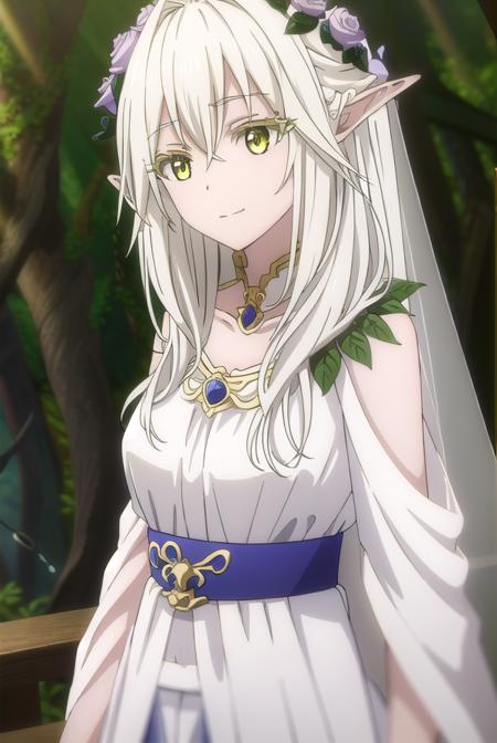 forestprincess, <lora:forest princess s2-lora-nochekaiser:1>,
forest princess, long hair, hair ornament, hair between eyes, (yellow eyes:1.3), white hair, flowers, pointy ears, hair flower, rose, hair intakes, elf, smile,
BREAK dress, collarbone, white dress,
BREAK outdoors, trees, forest, sky, grass, clouds,
BREAK looking at viewer, (cowboy shot:1.5),
BREAK <lyco:GoodHands-beta2:1>, (masterpiece:1.2), best quality, high resolution, unity 8k wallpaper, (illustration:0.8), (beautiful detailed eyes:1.6), extremely detailed face, perfect lighting, extremely detailed CG, (perfect hands, perfect anatomy),