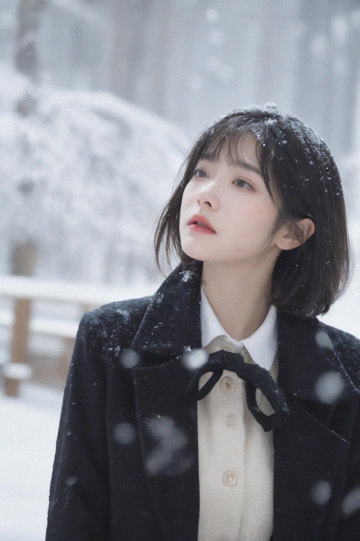 A young woman wearing a white shirt and black jacket, looking up and smiling as snow falls around her.
