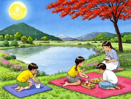 HEZI, children's illustration, childhood scenes, childlike innocence, retro illustration, multiple girls, shirt, 3girls, moon, short sleeves, skirt, yellow shirt, short hair, night, flower, wagashi, sky, dango, barefoot, brown hair, plant, outdoors, full moon, shorts, socks, food, profile, white flower, apron, signature, braid, striped shirt, sitting, long hair, orange shirt, black hair, night sky, wide shot, green skirt, red flower, railing, pink flower, yellow shorts, twin braids, striped, table, tree, blue sky, blush, leaf, kneeling, mountain, shadow, medium hair, horizon, bangs, grey shirt, traditional media, blue shirt, mochi, 1boy, from behind, aqua shirt, long skirt, cloud, brown skirt, white shirt<lora:å¦æå¯ä»¥ï¼è¯·ææçå¨ç«¥å¹´é-000014:0.65>