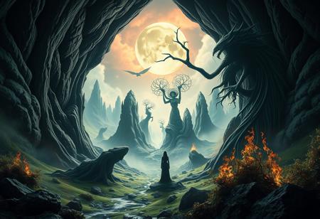 a beautiful landscape with wrong and bizarre angles through which primordial and eldritch beings force their way into the world, summoned and conjured by an otherworldly beautiful woman with raven hair and emerald eyes, the priestess of the fallen