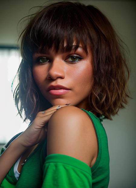 portrait of skswoman, confident , wearing shorts , with green Side-swept bangs epic (photo, studio lighting, hard light, sony a7, 50 mm, matte skin, pores, colors, hyperdetailed, hyperrealistic), <lyco:Zendaya:1.2>