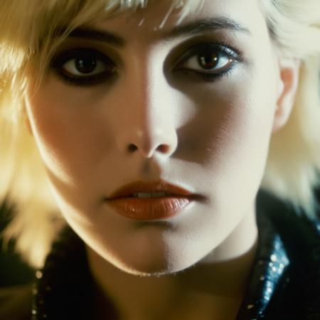 cinematic film still of  <lora:Blade Runner Style:1>
closeup, Kodak Eastman 100T 5247 Cinematic 1982 Film Stock Footage of Pris a blonde woman with a black eye make up staring at a mirror Blade Runner style, shallow depth of field, vignette, highly detailed, high budget, bokeh, cinemascope, moody, epic, gorgeous, film grain, grainy