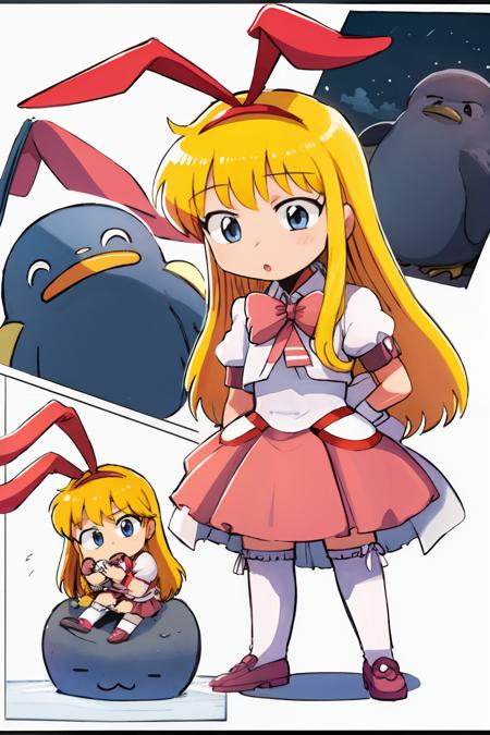 amae koromo 1girl,blonde hair, long hair,rabbit ears, hairband,blue eyes,school uniform,skirt,white thighhighs, penguin, stuffed animal, 