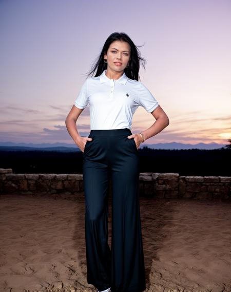 cinematic photo  a woman wearing (Polo shirt and Wide-leg pants: Loose-fitting pants with a wide leg opening, offering a relaxed and flowy silhouette.) Knee tuck jump: Jumping while pulling your knees up toward your chest.   <lora:quiron_TaniaRussof_v7_Lora:0.87> TaniaRussof woman, . 35mm photograph, film, bokeh, professional, 4k, highly detailed