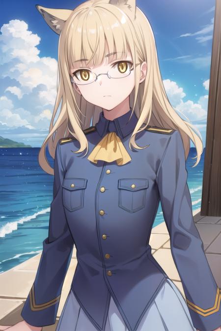 perrineclostermann, <lora:perrine clostermann anime-lora-nochekaiser:1>,
perrine clostermann, long hair, blonde hair, animal ears, (yellow eyes:1.5), glasses, dog ears,
BREAK uniform, military, military uniform, ascot, white ascot,
BREAK outdoors, ship, ocean, sun, sky, clouds,
BREAK looking at viewer, (cowboy shot:1.5),
BREAK <lyco:GoodHands-beta2:1>, (masterpiece:1.2), best quality, high resolution, unity 8k wallpaper, (illustration:0.8), (beautiful detailed eyes:1.6), extremely detailed face, perfect lighting, extremely detailed CG, (perfect hands, perfect anatomy),