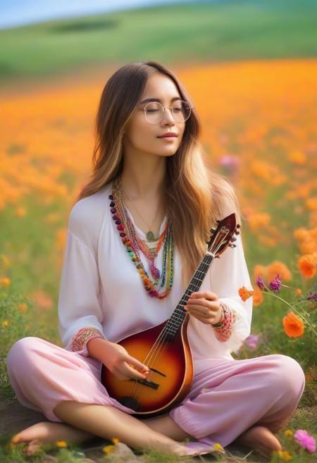 .Vibrant colored alcohol ink by Pinot Denny Diagonal view of barefoot young woman with long hair, necklaces, round glasses, baggy pants and shirt, wearing small backpack, sitting on floor playing mandolin outdoors in flower meadow Wild with sunny sky and colorful flowers, reflective pose, sitting on ground, open eyes, slight smile
