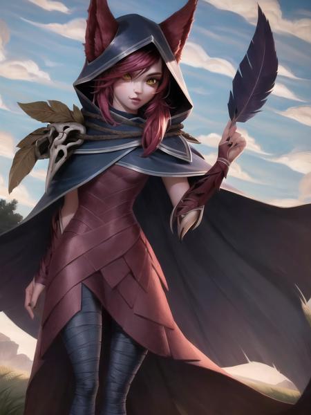 grass, sky, field, xayah, league of legends, 1girl, animal ears, bandaged leg, thighhighs, bandages, belt, bird legs, bird skull, cloak, closed mouth, ears through headwear, eyes visible through hair, facial mark, feathers, hood, hood up, hooded cloak, long hair, yellow eyes, red hair, talons, vambraces, blue capelet, cape, capelet, hair over shoulder, hooded capelet, red dress, dress, nose ring, nose piercing <lora:xayah-000036:1>